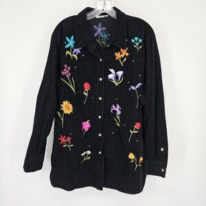 Vintage Quacker Corduroy Shirt Womens 2XL Floral Embroider Button Long Sleeve